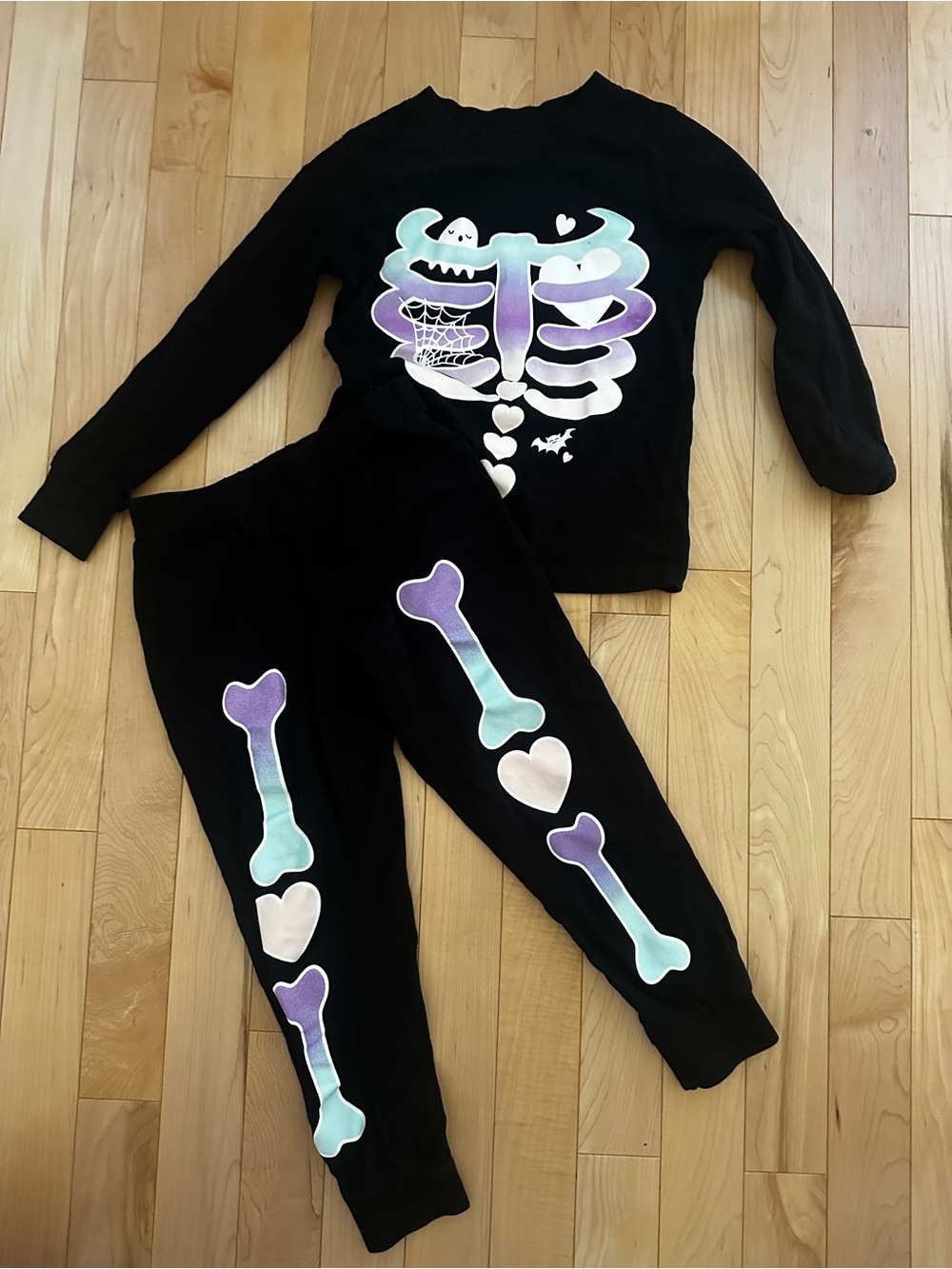 ✨4/$16✨George Girls Black Pajama Set with Purple & Aqua Skeleton Design